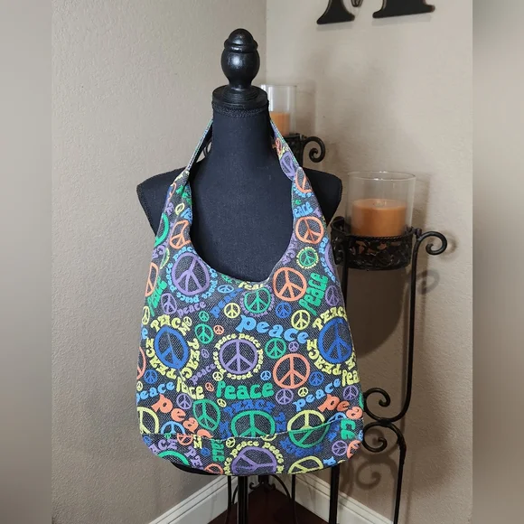 777 Lucky Brand Black With Multi-colored "Peace" Canvas Hobo Tote - Picture 1 of 7